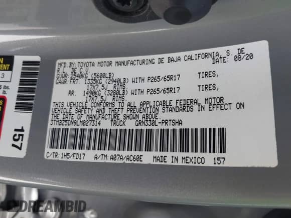 2020 Toyota Tacoma SR5 z VIN 3TMBZ5DN9LM027314, wystawiony jako IAAI lot #42258246 z przebiegiem 81 254 mil mil oraz . Historia ofert i sprzedaży dostępna na DreamBid. Obrazek 9.