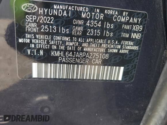 2023 Hyundai Sonata SEL with VIN KMHL64JA8PA275108, listed as a Copart auction lot 67553385 with 69,707 mi miles and Salvage title. Bid and sale history available at DreamBid. Image 12.