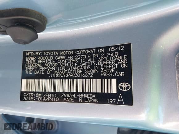 2012 Toyota Prius с VIN JTDKN3DP9C3016672, выставлен на аукционе IAAI как лот 42702837 с пробегом 72 058 миль миль и . История ставок и продаж доступна на DreamBid. Изображение 9.