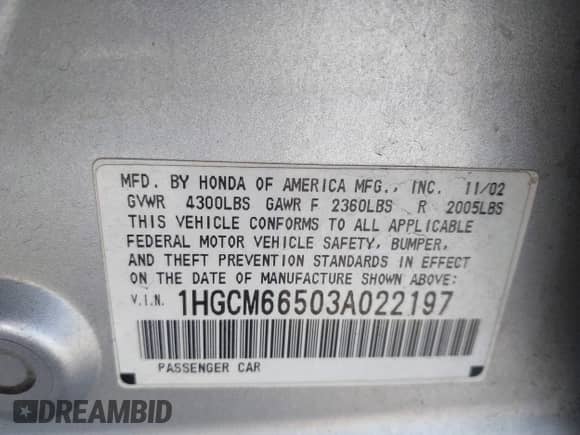 2003 Honda Accord EX with VIN 1HGCM66503A022197, listed as a IAAI auction lot 43293044 with 222,630 mi miles and . Bid and sale history available at DreamBid. Image 9.