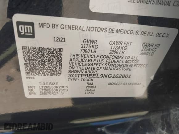 2022 GMC Sierra 1500 AT4 with VIN 3GTP9EEL9NG162801, listed as a IAAI auction lot 42834241 with Not provided miles and . Bid and sale history available at DreamBid. Image 9.