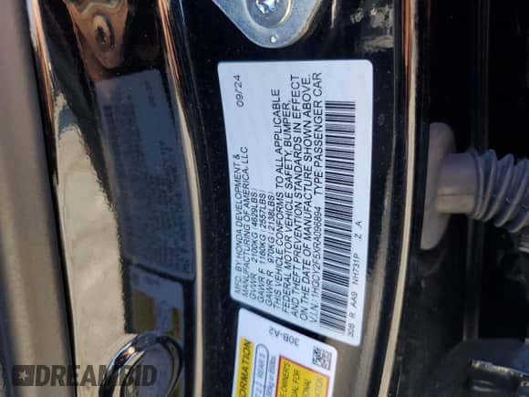 2024 Honda Accord Sport with VIN 1HGCY2F5XRA096894, listed as a Copart auction lot 81131855 with 34,671 mi miles and Salvage title. Bid and sale history available at DreamBid. Image 12.