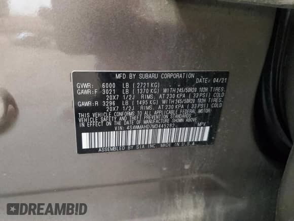 2021 Subaru Ascent Premium z VIN 4S4WMAHD7M3445282, wystawiony jako Copart lot #68090375 z przebiegiem 86 168 mil mil oraz Szkoda całkowita • Salvage title. Historia ofert i sprzedaży dostępna na DreamBid. Obrazek 13.