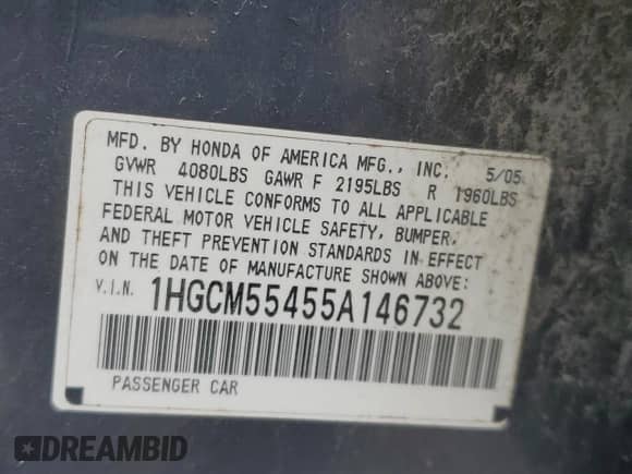 2005 Honda Accord LX with VIN 1HGCM55455A146732, listed as a Copart auction lot 63849115 with Not provided miles and Salvage title. Bid and sale history available at DreamBid. Image 12.