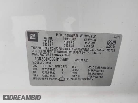 2016 Chevrolet Suburban LTZ with VIN 1GNSCJKC0GR108600, listed as a IAAI auction lot 43013240 with 168,300 mi miles and . Bid and sale history available at DreamBid. Image 9.