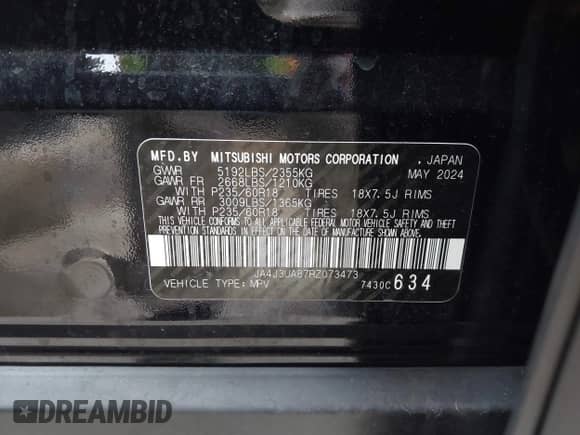 2024 Mitsubishi Outlander ES with VIN JA4J3UA87RZ073473, listed as a IAAI auction lot 42146365 with 8,600 mi miles and . Bid and sale history available at DreamBid. Image 9.