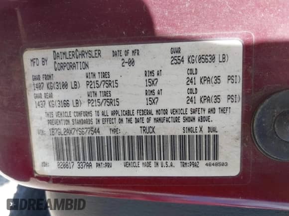 2000 Dodge Dakota Sport with VIN 1B7GL2AX7YS677544, listed as a IAAI auction lot 41965480 with 236,552 mi miles and . Bid and sale history available at DreamBid. Image 9.