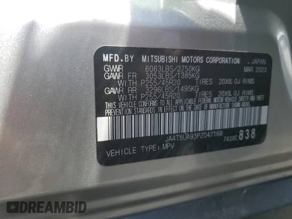 2023 Mitsubishi Outlander SE with VIN JA4T5UA93PZ047168, listed as a Copart auction lot 61614845 with 55,114 mi miles and Non repairable. Bid and sale history available at DreamBid. Image 12.