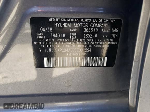 2018 Hyundai Accent Limited с VIN 3KPC34A33JE031594, выставлен на аукционе Copart как лот 87111345 с пробегом 63 454 миль миль и Списание • Salvage title. История ставок и продаж доступна на DreamBid. Изображение 12.