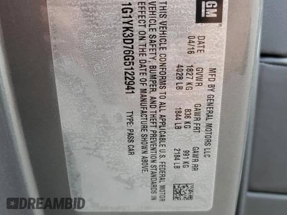 2016 Chevrolet Corvette Z51 2LT with VIN 1G1YK3D76G5122941, listed as a Copart auction lot 53631844 with 58,104 mi miles and Clean title. Bid and sale history available at DreamBid. Image 12.