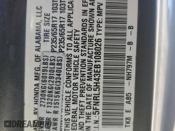 2014 Honda Odyssey EX с VIN 5FNRL5H43EB108026, выставлен на аукционе Copart как лот 81430945 с пробегом 167 045 миль миль и Списание • Salvage title. История ставок и продаж доступна на DreamBid. Изображение 13.