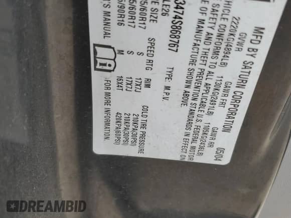 2004 Saturn VUE V6 with VIN 5GZCZ63474S868767, listed as a Copart auction lot 69062045 with 104,344 mi miles and Salvage title. Bid and sale history available at DreamBid. Image 14.