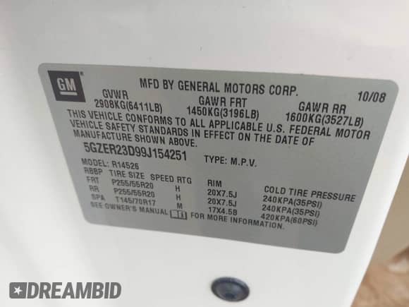 2009 Saturn Outlook XR with VIN 5GZER23D99J154251, listed as a IAAI auction lot 42706938 with 192,128 mi miles and . Bid and sale history available at DreamBid. Image 9.