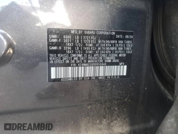 2024 Subaru Ascent Premium с VIN 4S4WMAEDXR3456840, выставлен на аукционе Copart как лот 68707125 с пробегом 43 342 миль миль и Списание • Salvage title. История ставок и продаж доступна на DreamBid. Изображение 14.