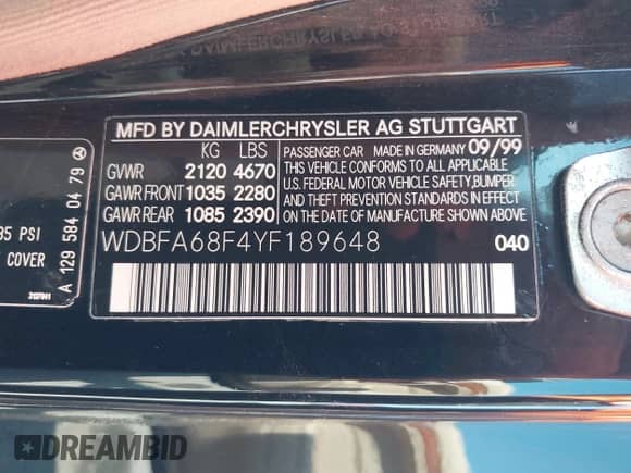 2000 Mercedes-Benz SL 500 with VIN WDBFA68F4YF189648, listed as a IAAI auction lot 42781274 with 133,186 mi miles and . Bid and sale history available at DreamBid. Image 9.
