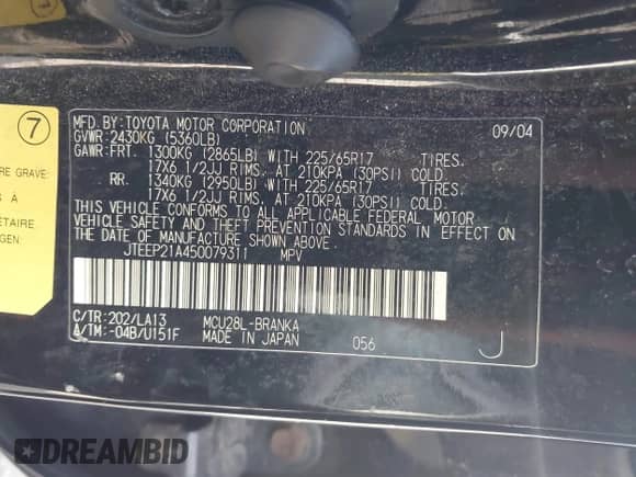 2005 Toyota Highlander с VIN JTEEP21A450079311, выставлен на аукционе IAAI как лот 43382663 с пробегом 281 056 миль миль и . История ставок и продаж доступна на DreamBid. Изображение 9.