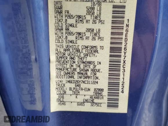 1999 Nissan Frontier XE с VIN 1N6ED26Y7XC311224, выставлен на аукционе Copart как лот 86131865 с пробегом 264 415 миль миль и Чистый • Clean title. История ставок и продаж доступна на DreamBid. Изображение 12.