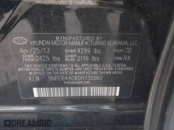 2013 Hyundai Sonata GLS with VIN 5NPEB4AC6DH735560, listed as a IAAI auction lot 43360840 with 111,509 mi miles and . Bid and sale history available at DreamBid. Image 9.