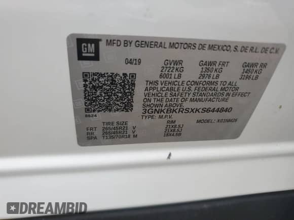 2019 Chevrolet Blazer Premier with VIN 3GNKBKRSXKS644840, listed as a Copart auction lot 67229285 with 60,784 mi miles and Salvage title. Bid and sale history available at DreamBid. Image 14.