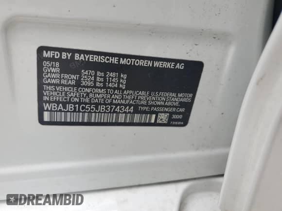 2018 BMW 5 Series 530e xDrive с VIN WBAJB1C55JB374344, выставлен на аукционе Copart как лот 59900875 с пробегом Не указан миль и Списание • Salvage title. История ставок и продаж доступна на DreamBid. Изображение 12.