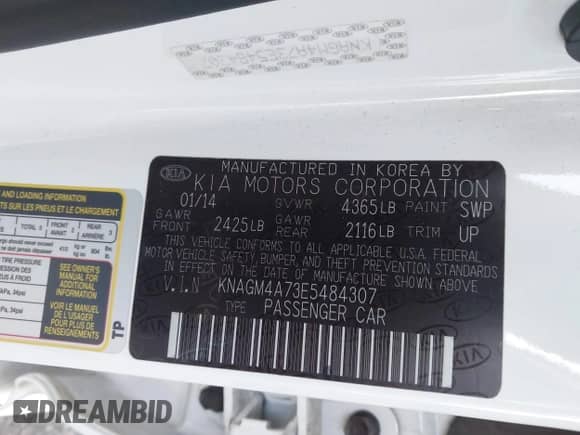 2014 Kia Optima LX z VIN KNAGM4A73E5484307, wystawiony jako IAAI lot #43439729 z przebiegiem 93 704 mil mil oraz . Historia ofert i sprzedaży dostępna na DreamBid. Obrazek 9.