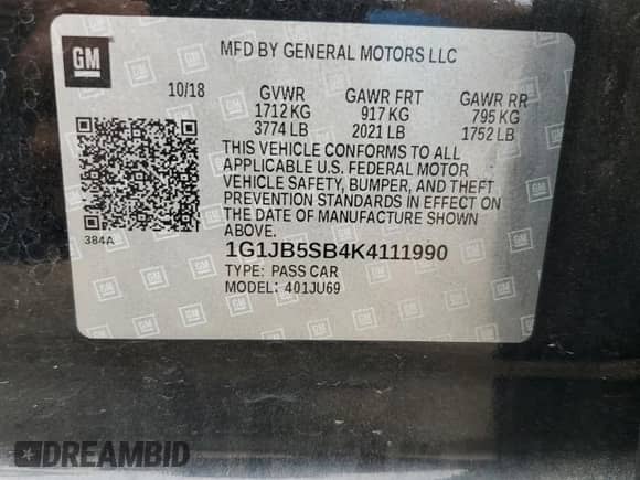 2019 Chevrolet Sonic LS z VIN 1G1JB5SB4K4111990, wystawiony jako Copart lot #69835604 z przebiegiem 63 309 mil mil oraz Szkoda całkowita • Salvage title. Historia ofert i sprzedaży dostępna na DreamBid. Obrazek 15.