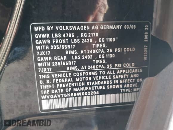 2009 Volkswagen Tiguan S с VIN WVGAV75N69W002294, выставлен на аукционе IAAI как лот 43149013 с пробегом 109 635 миль миль и . История ставок и продаж доступна на DreamBid. Изображение 9.