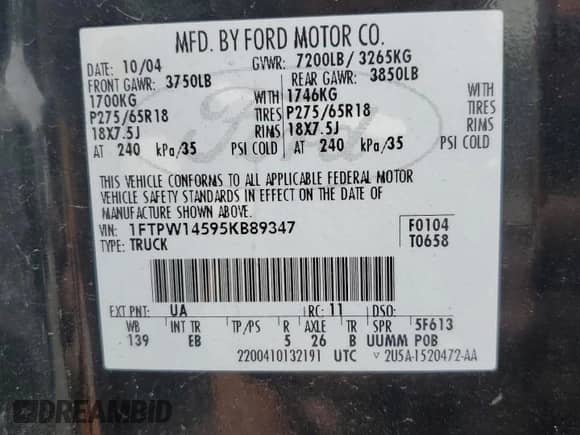 2005 Ford F-150 XLT with VIN 1FTPW14595KB89347, listed as a Copart auction lot 82467085 with 203,849 mi miles and Clean title. Bid and sale history available at DreamBid. Image 12.