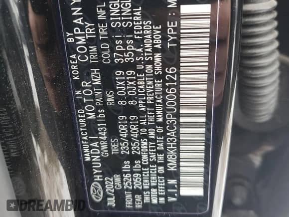 2023 Hyundai Kona с VIN KM8KH3AC3PU006126, выставлен на аукционе Copart как лот 88418605 с пробегом 14 834 миль миль и Списание • Salvage title. История ставок и продаж доступна на DreamBid. Изображение 12.