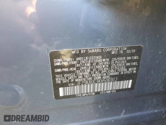 2019 Subaru Forester Limited с VIN JF2SKAUC3KH506912, выставлен на аукционе Copart как лот 70335125 с пробегом Не указан миль и Списание • Salvage title. История ставок и продаж доступна на DreamBid. Изображение 13.