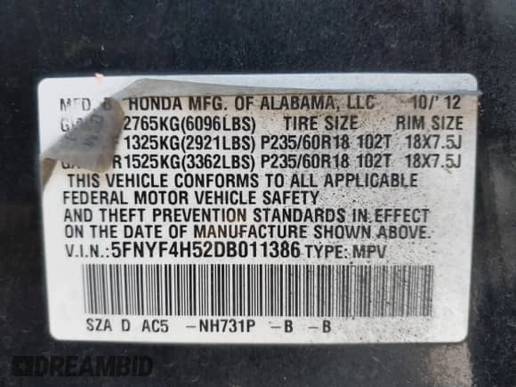 2013 Honda Pilot EX-L with VIN 5FNYF4H52DB011386, listed as a IAAI auction lot 43061878 with 195,846 mi miles and . Bid and sale history available at DreamBid. Image 9.