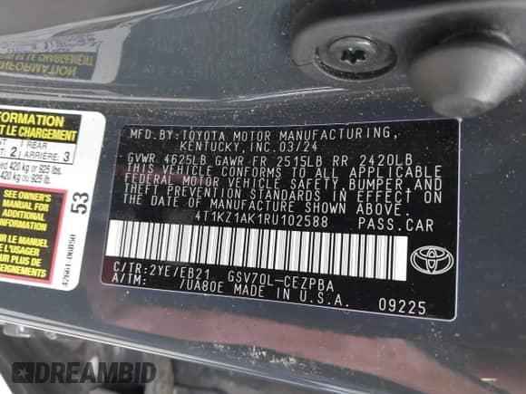 2024 Toyota Camry TRD with VIN 4T1KZ1AK1RU102588, listed as a IAAI auction lot 42252818 with 13,443 mi miles and . Bid and sale history available at DreamBid. Image 9.