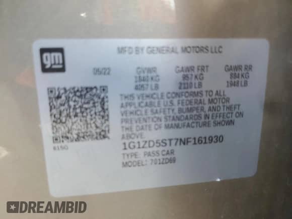 2022 Chevrolet Malibu LT with VIN 1G1ZD5ST7NF161930, listed as a Copart auction lot 90236915 with 61,534 mi miles and Clean title. Bid and sale history available at DreamBid. Image 12.