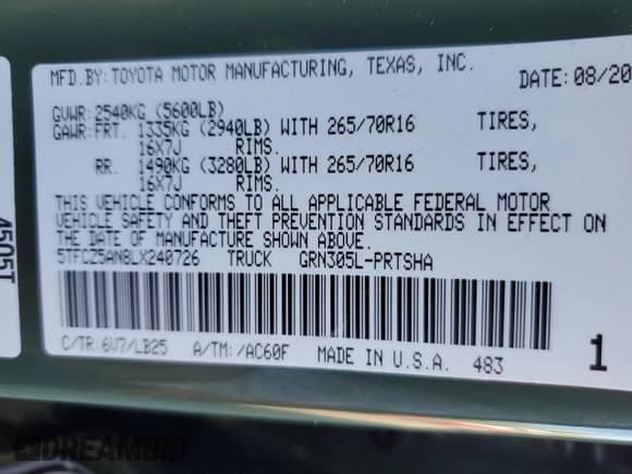 2020 Toyota Tacoma SR5 with VIN 5TFCZ5AN8LX240726, listed as a Copart auction lot 80963195 with 125,228 mi miles and Salvage title. Bid and sale history available at DreamBid. Image 12.
