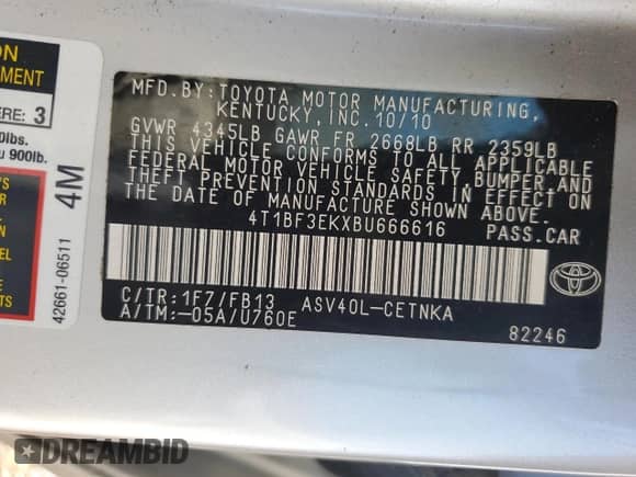 2011 Toyota Camry LE with VIN 4T1BF3EKXBU666616, listed as a Copart auction lot 84619525 with 116,796 mi miles and Salvage title. Bid and sale history available at DreamBid. Image 13.