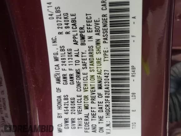 2014 Honda Accord EX-L with VIN 1HGCR3F82EA030427, listed as a Copart auction lot 69536645 with 140,663 mi miles and Salvage title. Bid and sale history available at DreamBid. Image 12.