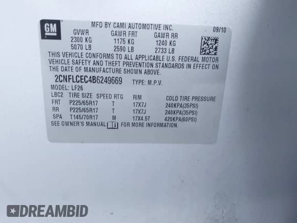 2011 Chevrolet Equinox LS with VIN 2CNFLCEC4B6249669, listed as a IAAI auction lot 43455524 with 211,233 mi miles and . Bid and sale history available at DreamBid. Image 9.