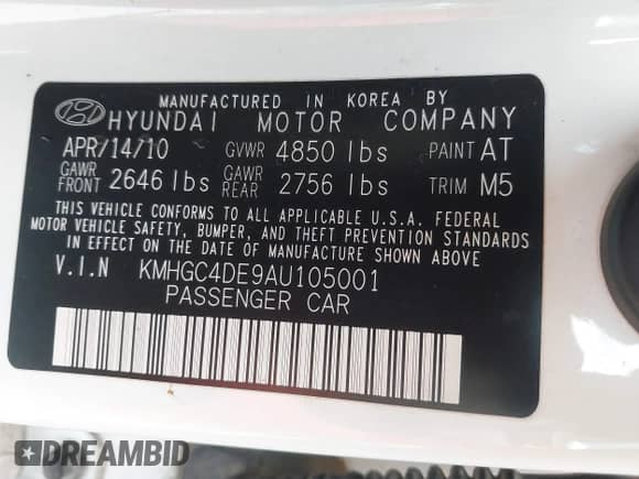 2010 Hyundai Genesis with VIN KMHGC4DE9AU105001, listed as a IAAI auction lot 41892564 with 203,191 mi miles and . Bid and sale history available at DreamBid. Image 9.