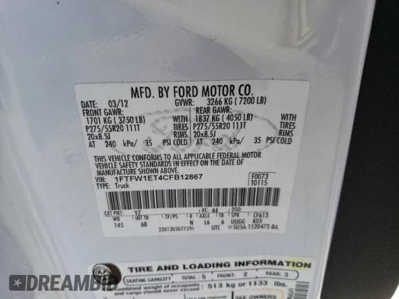 2012 Ford F-150 Lariat with VIN 1FTFW1ET4CFB12867, listed as a Copart auction lot 84019765 with 163,215 mi miles and Clean title. Bid and sale history available at DreamBid. Image 13.