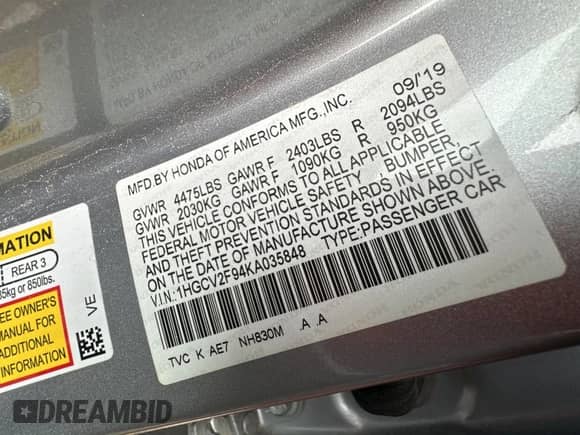 2019 Honda Accord Touring с VIN 1HGCV2F94KA035848, выставлен на аукционе Copart как лот 83988445 с пробегом Не указан миль и Чистый • Clean title. История ставок и продаж доступна на DreamBid. Изображение 10.