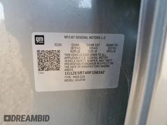 2024 Chevrolet Malibu LT с VIN 1G1ZE5ST4RF158342, выставлен на аукционе Copart как лот 81465475 с пробегом 8 350 миль миль и Списание • Salvage title. История ставок и продаж доступна на DreamBid. Изображение 12.