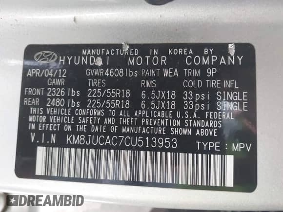 2012 Hyundai Tucson Limited с VIN KM8JUCAC7CU513953, выставлен на аукционе IAAI как лот 42260044 с пробегом 200 082 миль миль и . История ставок и продаж доступна на DreamBid. Изображение 9.