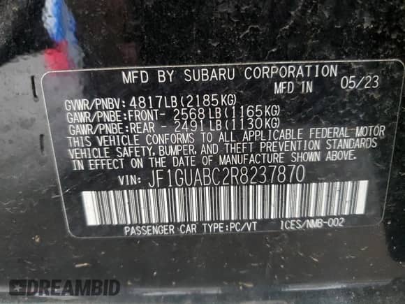 2024 Subaru Impreza с VIN JF1GUABC2R8237870, выставлен на аукционе Copart как лот 67959355 с пробегом 8 240 миль миль и Списание • Salvage title. История ставок и продаж доступна на DreamBid. Изображение 13.
