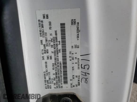 2016 Ford F-150 XLT z VIN 1FTFX1EF3GFD00261, wystawiony jako Copart lot #72043665 z przebiegiem 152 465 mil mil oraz Szkoda całkowita • Salvage title. Historia ofert i sprzedaży dostępna na DreamBid. Obrazek 13.