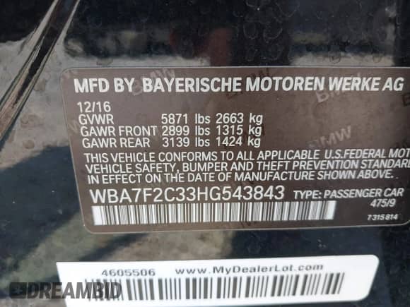 2017 BMW 7 Series ALPINA B7 xDrive with VIN WBA7F2C33HG543843, listed as a IAAI auction lot 43046781 with 45,651 mi miles and . Bid and sale history available at DreamBid. Image 9.