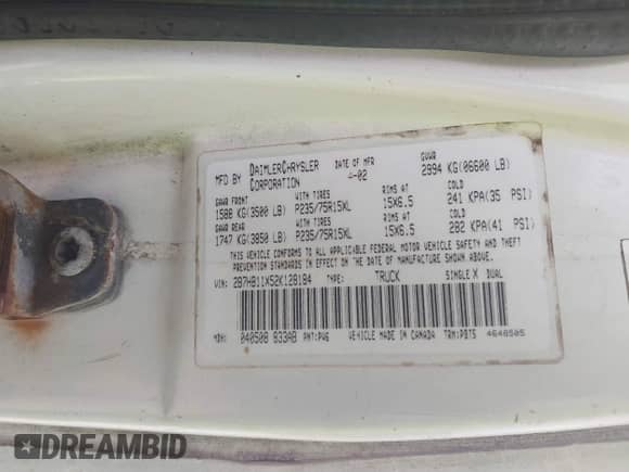 2002 Dodge Cargo with VIN 2B7HB11X52K128184, listed as a IAAI auction lot 42667903 with Not provided miles and . Bid and sale history available at DreamBid. Image 9.