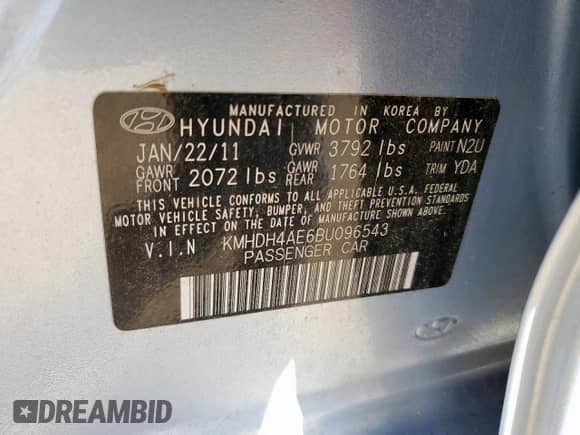 2011 Hyundai Elantra GLS z VIN KMHDH4AE6BU096543, wystawiony jako Copart lot #67206795 z przebiegiem 182 573 mil mil oraz Szkoda całkowita • Salvage title. Historia ofert i sprzedaży dostępna na DreamBid. Obrazek 12.