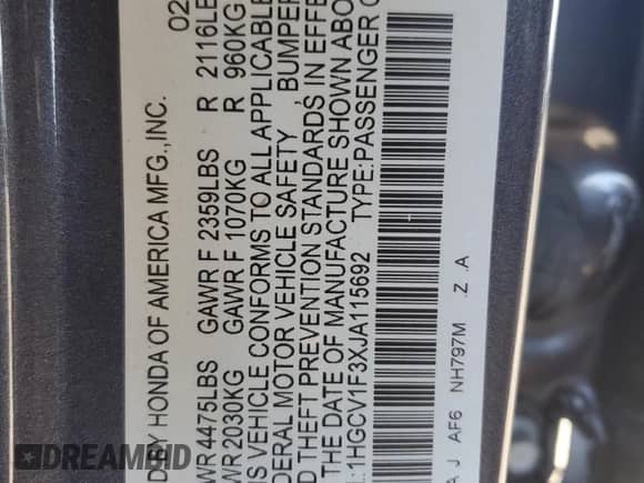 2018 Honda Accord Sport z VIN 1HGCV1F3XJA115692, wystawiony jako Copart lot #86603475 z przebiegiem 117 882 mil mil oraz Szkoda całkowita • Salvage title. Historia ofert i sprzedaży dostępna na DreamBid. Obrazek 12.