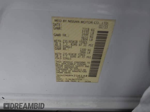 2015 Nissan Murano SV with VIN 5N1AZ2MG8FN216148, listed as a IAAI auction lot 43116345 with 158,415 mi miles and . Bid and sale history available at DreamBid. Image 9.