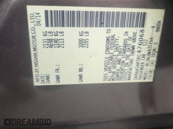 2014 Nissan Maxima SV with VIN 1N4AA5AP3EC476068, listed as a Copart auction lot 85301345 with 200,268 mi miles and Salvage title. Bid and sale history available at DreamBid. Image 12.